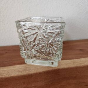Avon thick clear etched floral glass geometric square shaped container vase
